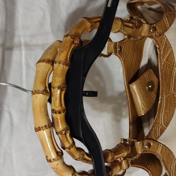 Vintage, women's handbag in canvas with imitation bamboo straps. - Picture 2 of 7